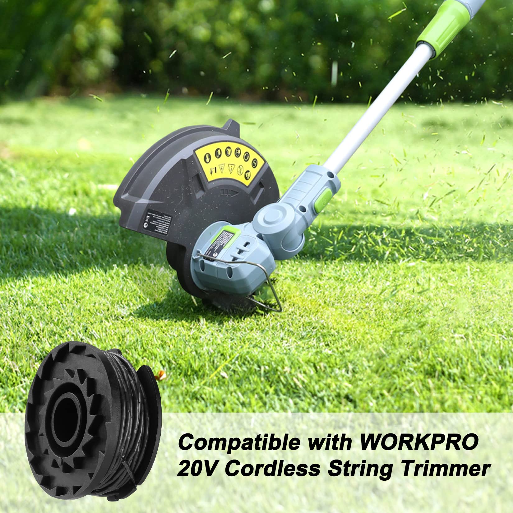 Black nylon trimmer line spool with cutting line shown near cordless trimmer
