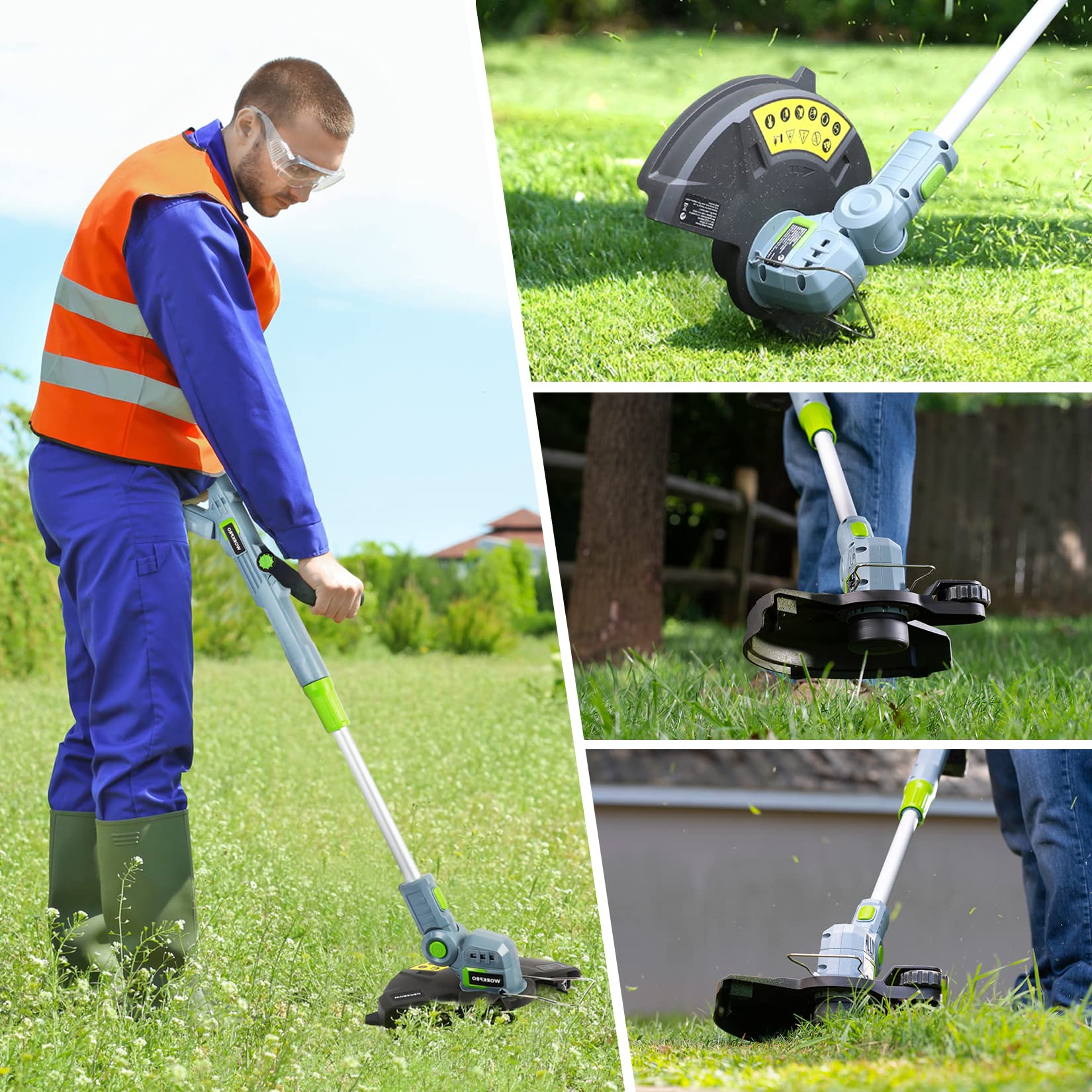Cordless string trimmer head trimming grass, with spare spool visible