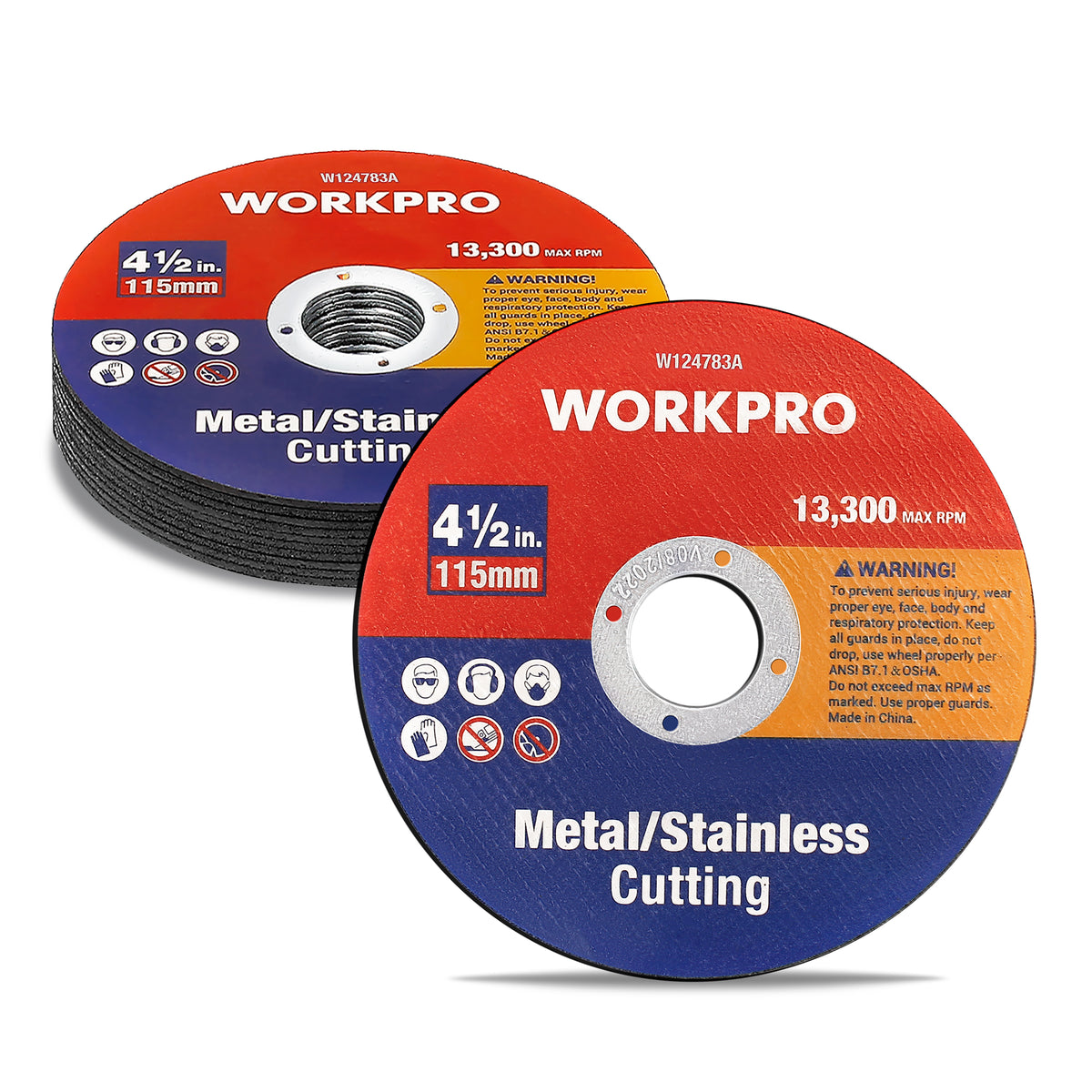 Workpro 10-pack cut-off wheels in red and blue with 3/64 inch ultra-thin discs rated up to 13,000 RPM