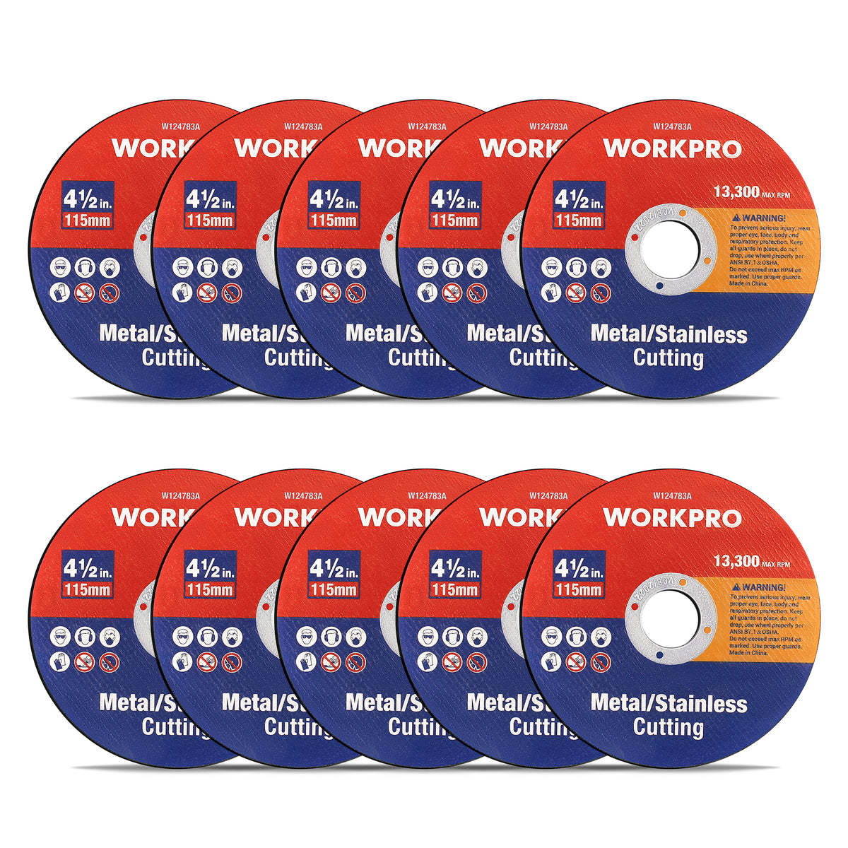 Workpro 10-pack cut-off wheels for metal and stainless steel, red and blue, with a 3/64 inch ultra-thin profile.