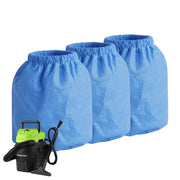 Three blue non-woven vacuum filter bags with elastic top bands
