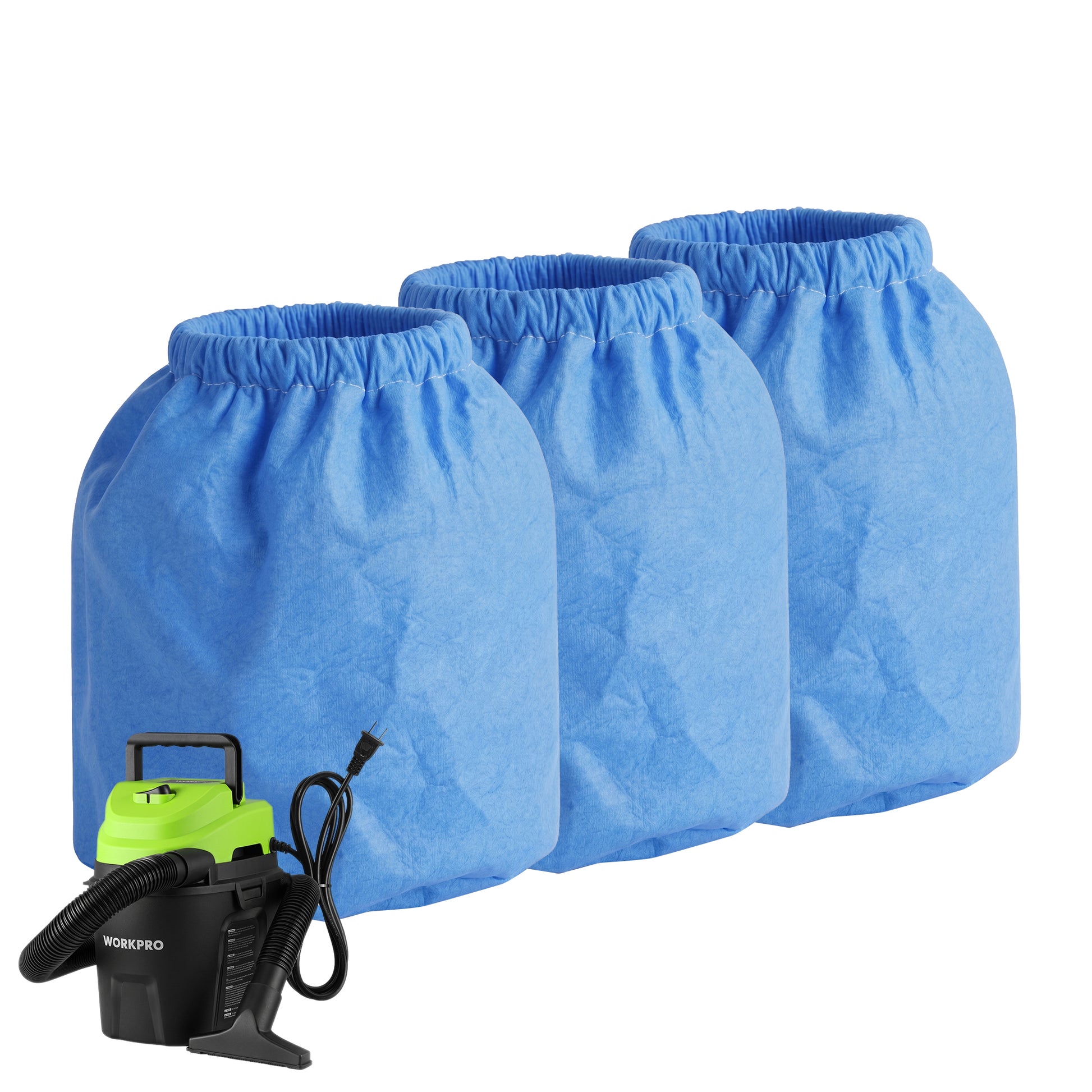 Three blue non-woven vacuum filter bags with elastic top bands