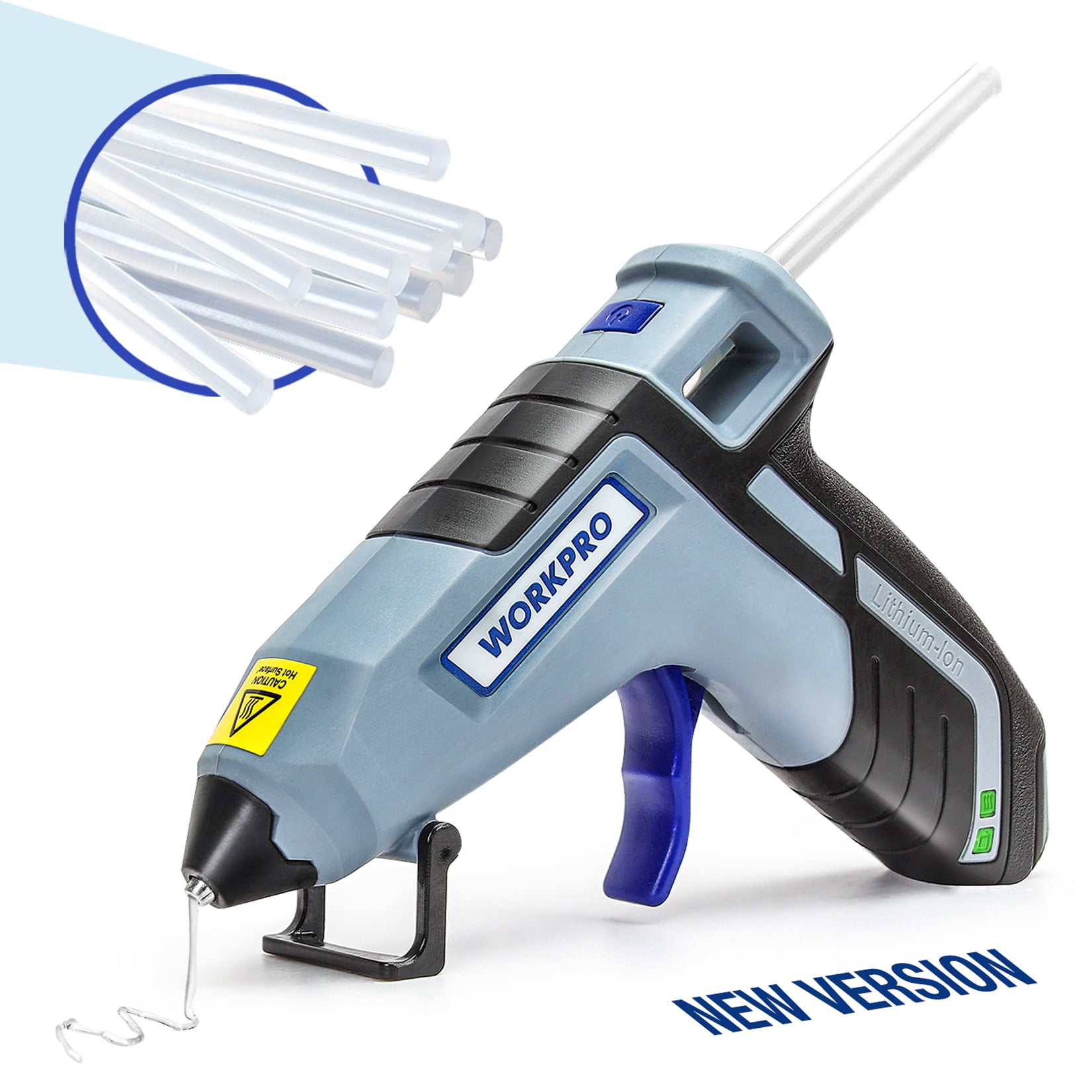 WORKPRO Cordless Hot Glue Gun in light blue and black with innovation quality and secure durable design