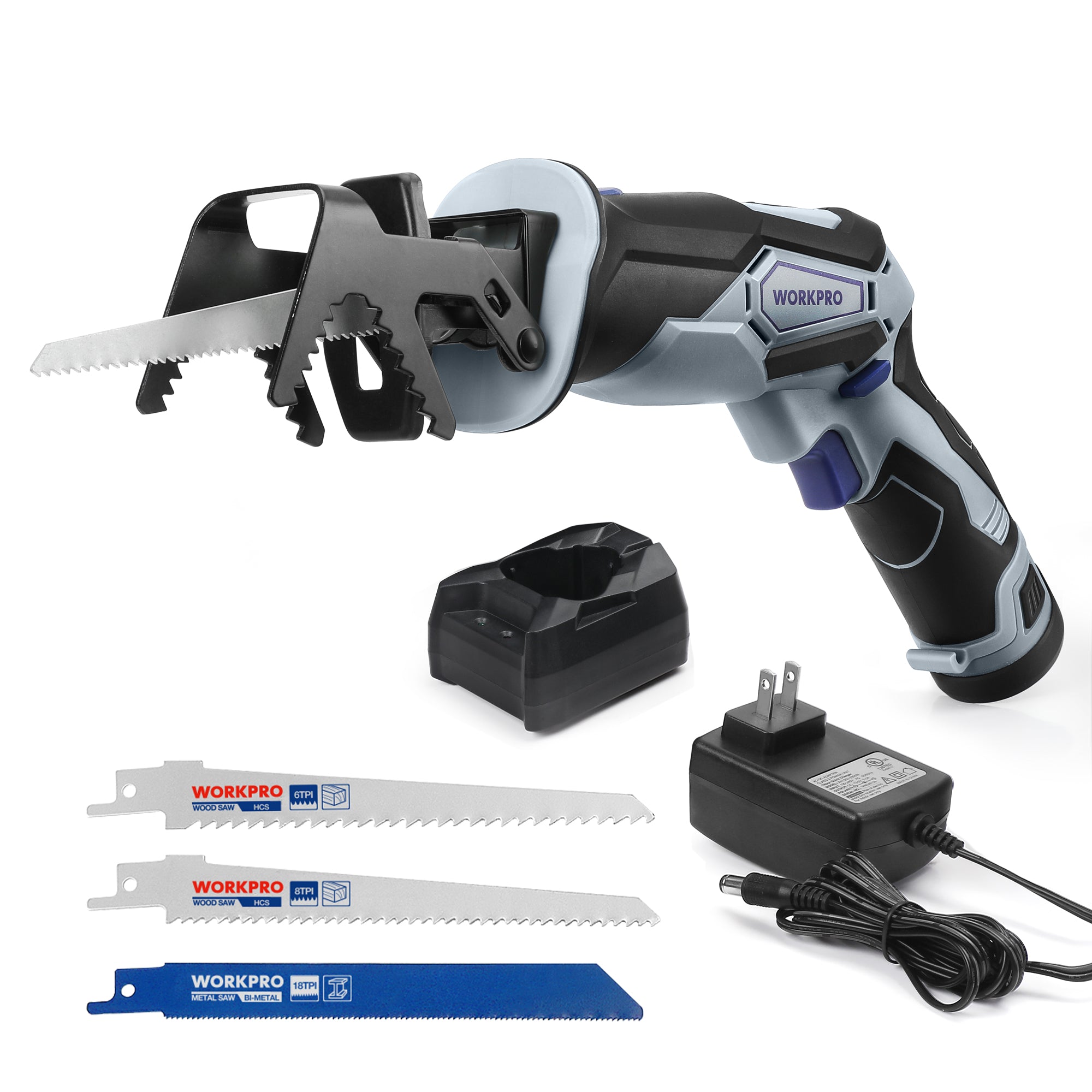 WorkPro cordless reciprocating saw set with battery, charger, and additional blades on a white background
