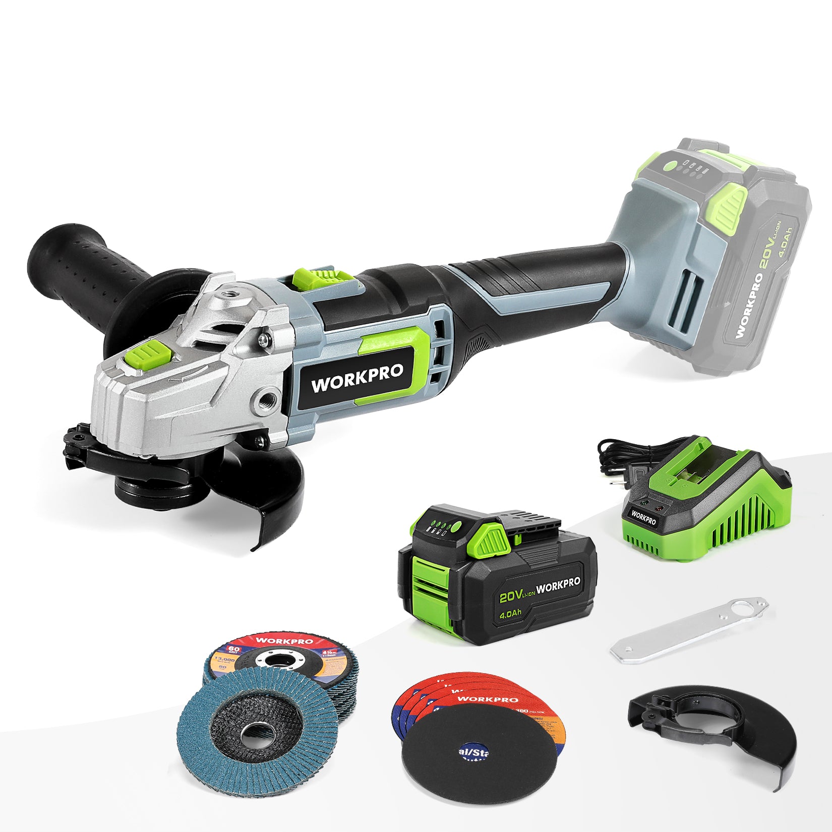 WORKPRO 20V cordless angle grinder kit in gray and green with rubberized anti-slip grip for innovation quality