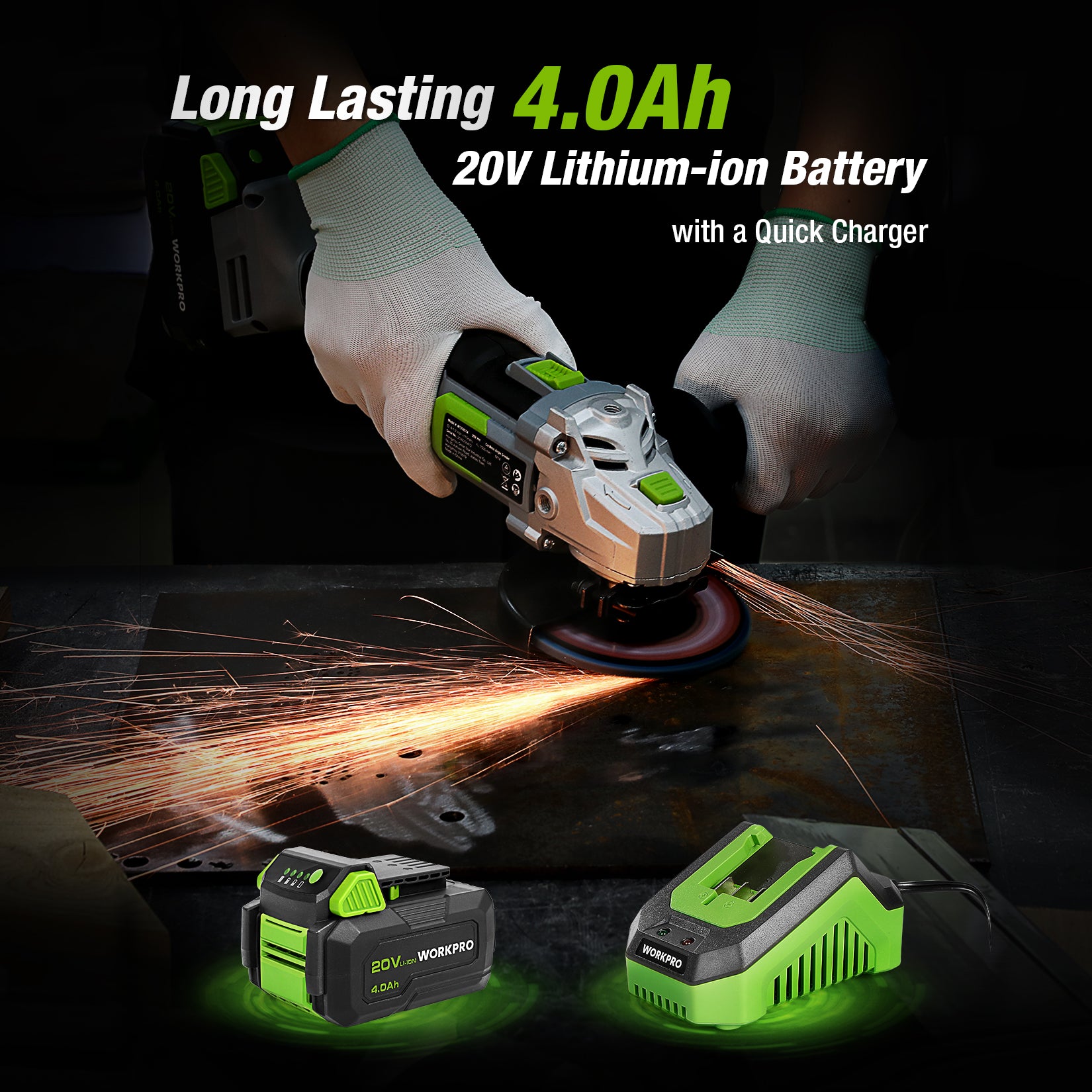 WORKPRO 20V Cordless Angle Grinder Kit, 4-12 inch, innovation quality high-quality with green grips and sparks