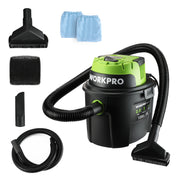Portable wet/dry vacuum kit with green top, black tank, hose, foam filter, and nozzles.