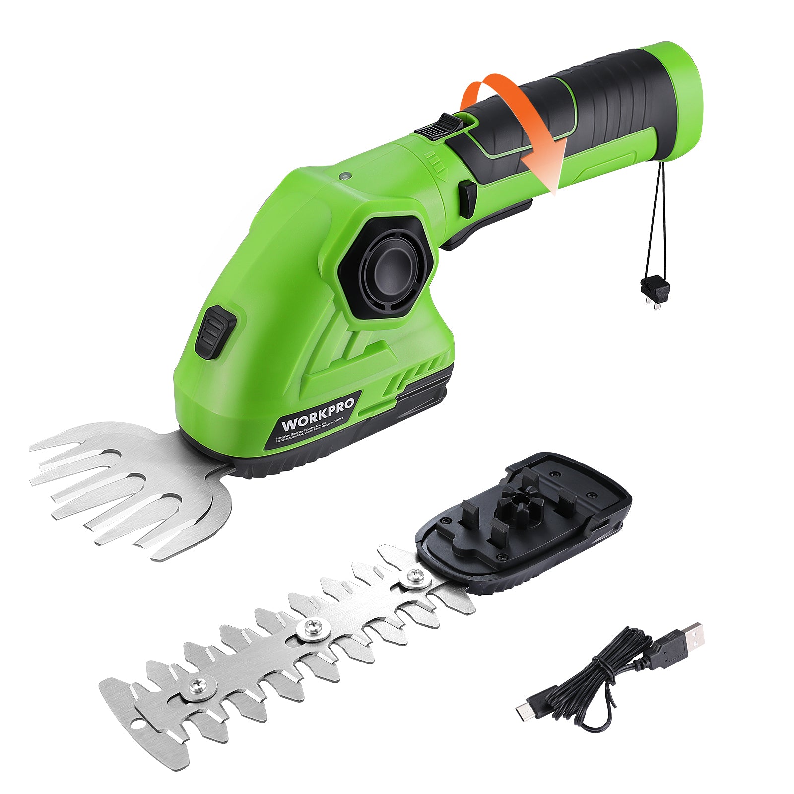 Green cordless grass and hedge trimmer with spare blades and hanging safety cord