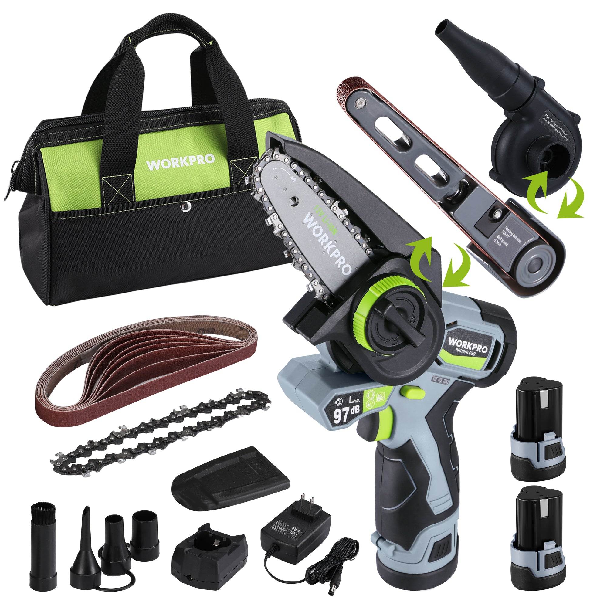 WORKPRO Cordless Detail Belt Sander, Mini Chain Saw, Electric Blower, 3-in-1 Power Tool Combo Kit
