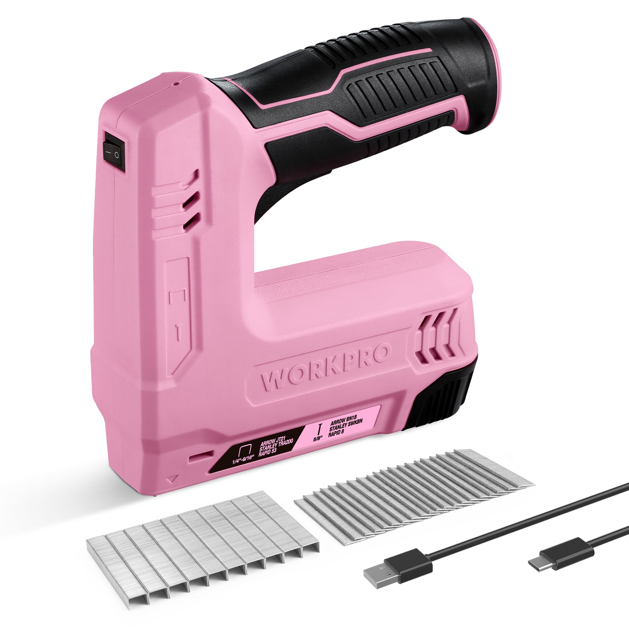 WORKPRO 3.6V cordless 2-in-1 staple and nail gun in pink with innovation, quality, secure grip