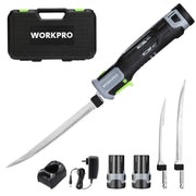 Cordless electric fillet knife with black-and-green handle, case, and spare blades