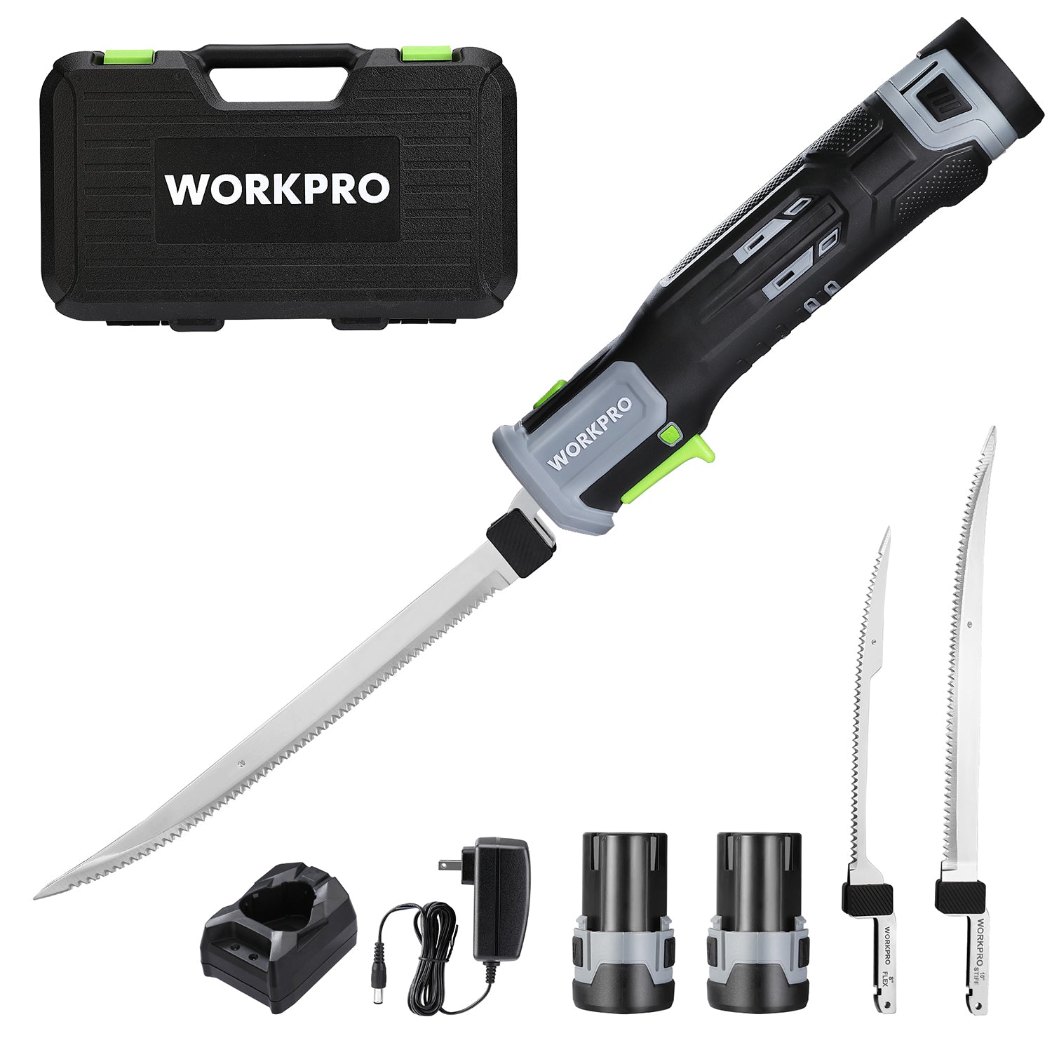 Cordless electric fillet knife with black-and-green handle, case, and spare blades
