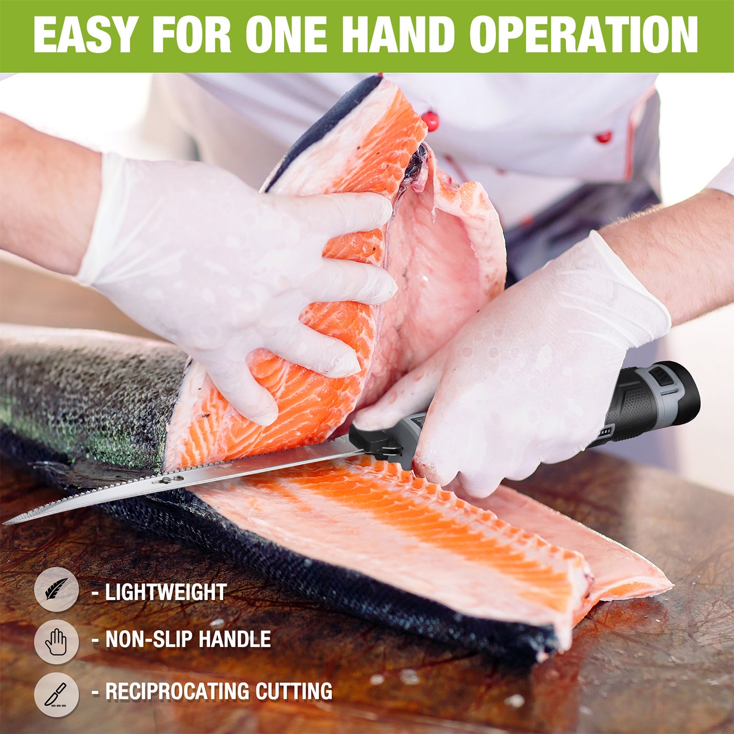 Electric fillet knife cutting fish fillet with reciprocating blade