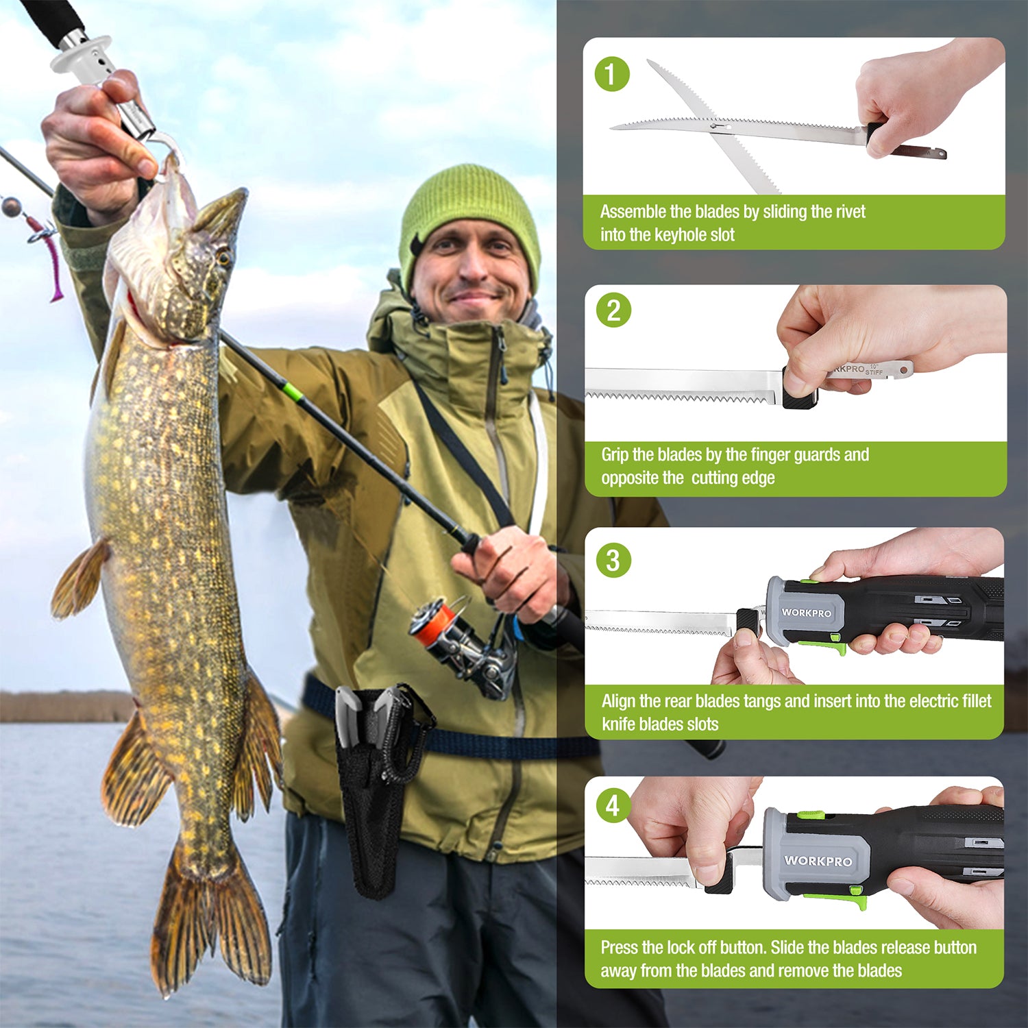 Cordless electric fillet knife cutting fish outdoors