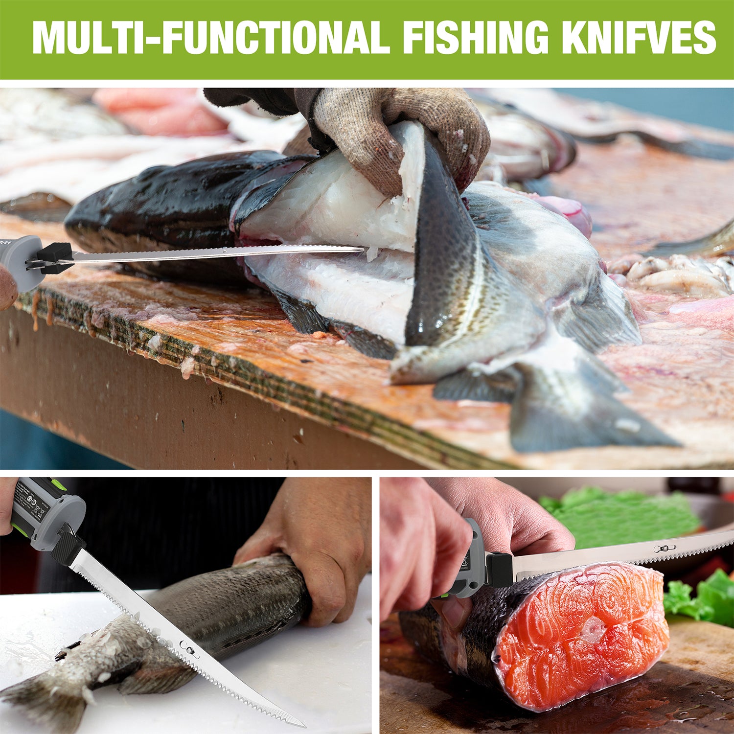 Electric fillet knife trimming fish fillets on a cutting board