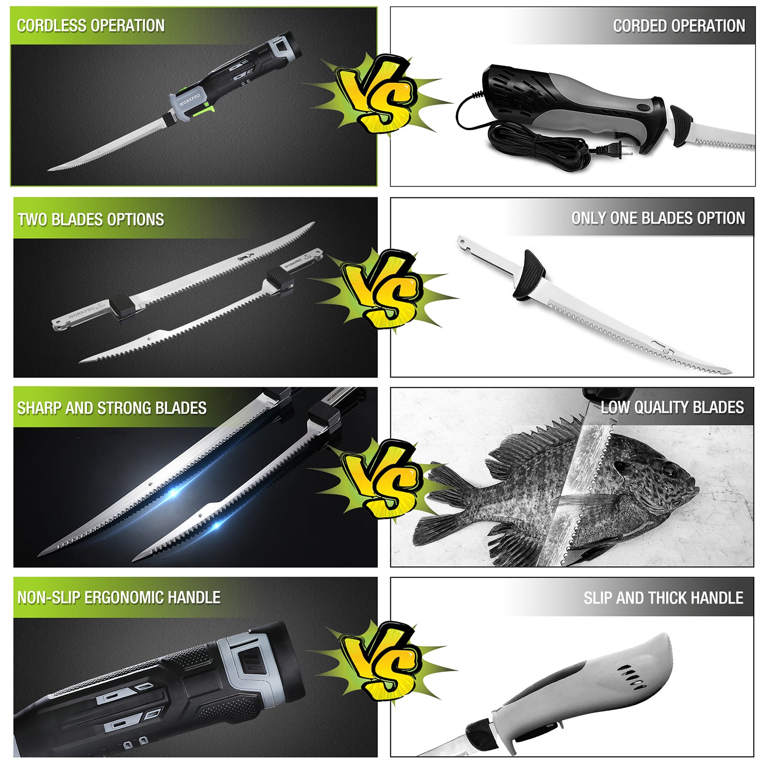 Cordless versus corded electric fillet knife comparison with blades and handle