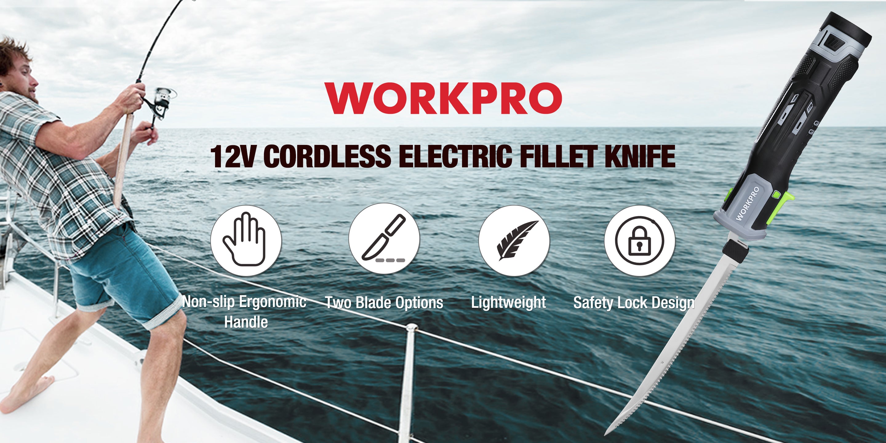 Workpro 12V cordless electric fillet knife with innovation and quality icons on a boat at sea