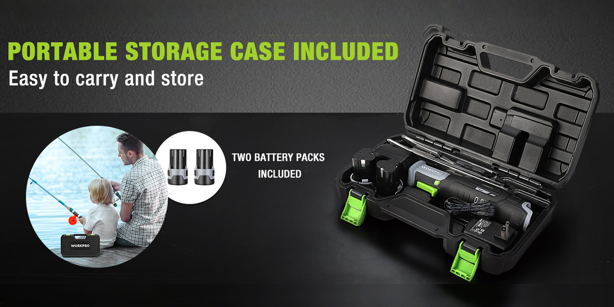 Portable storage case included with tools, two battery packs included, and innovation quality shown in text