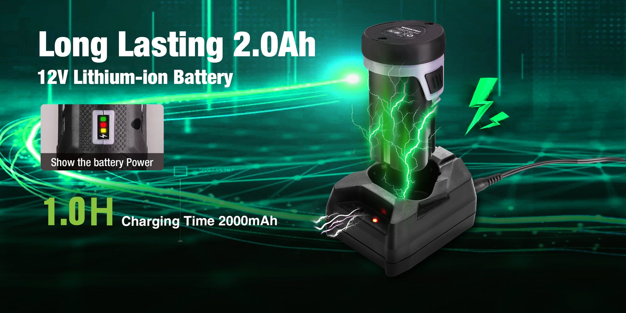 Portable 12V lithium-ion battery with glowing green circuit graphics, showing 2.0Ah and charging time 2000mAh