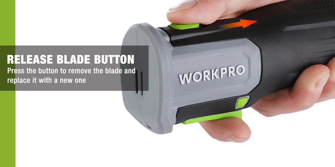 Hand pressing a release blade button on a WORKPRO tool, showing innovation and quality in secure design