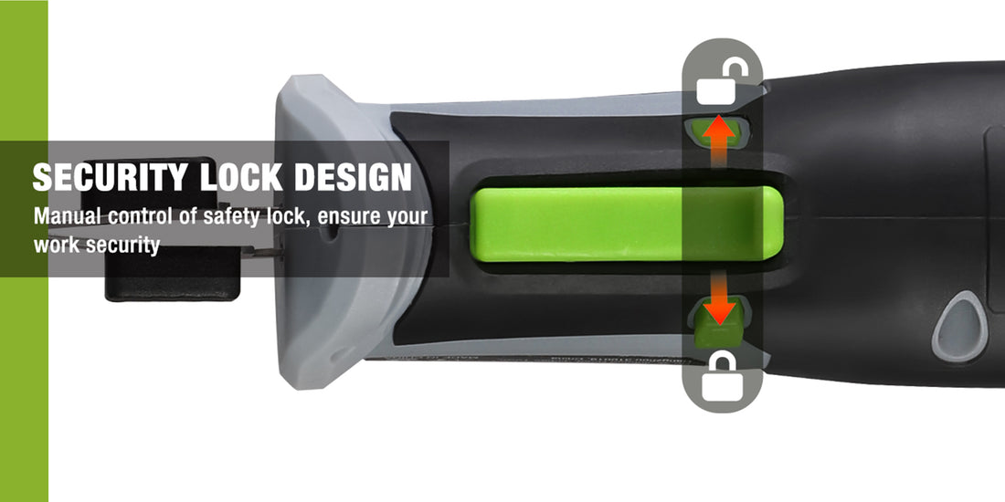 Security lock design with green indicator, manual control text, and lock icons on a dark device