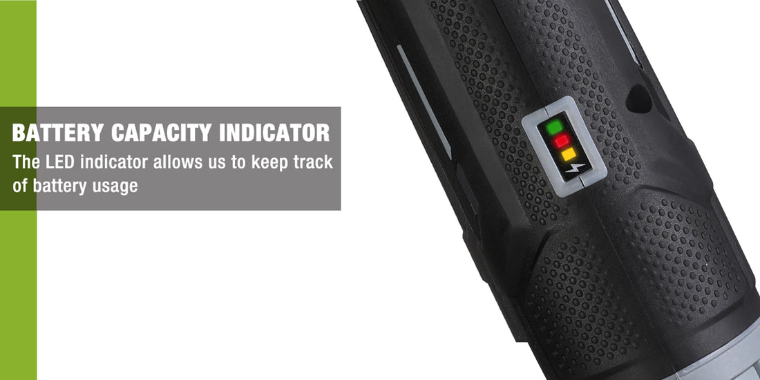 Battery capacity indicator on a black power tool handle with innovation, quality, and secure LED status lights
