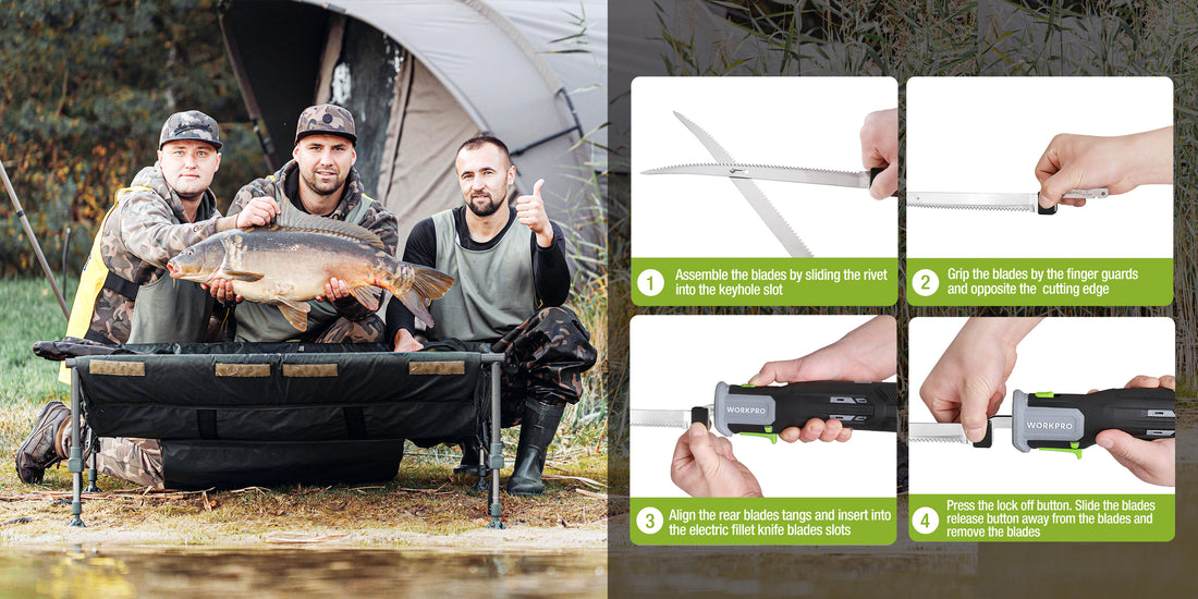 Anglers in camouflage by a tent holding a large fish, with electric fillet knife blade steps shown