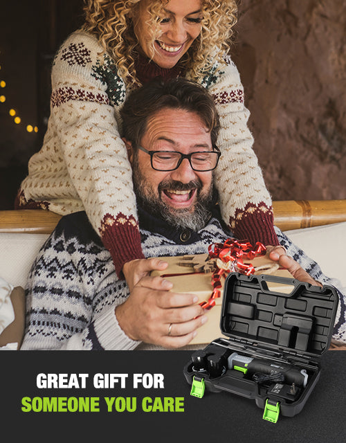 Couple smiling while gifting a tool case, innovation and quality visible in the open black case