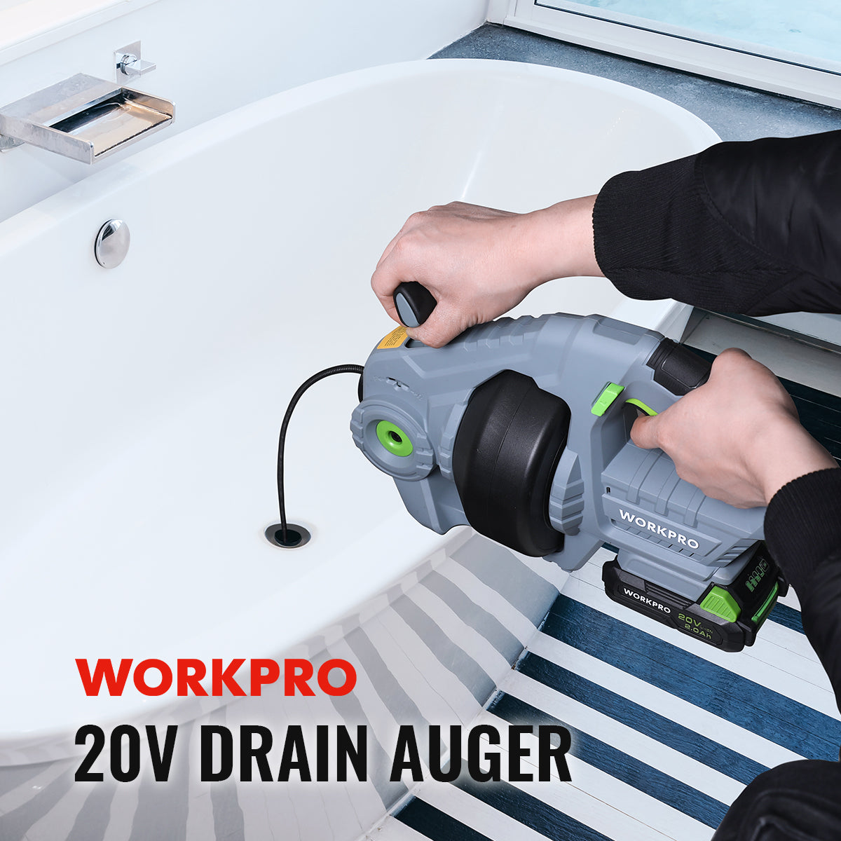 WORKPRO 20V drain auger being used at bathtub drain