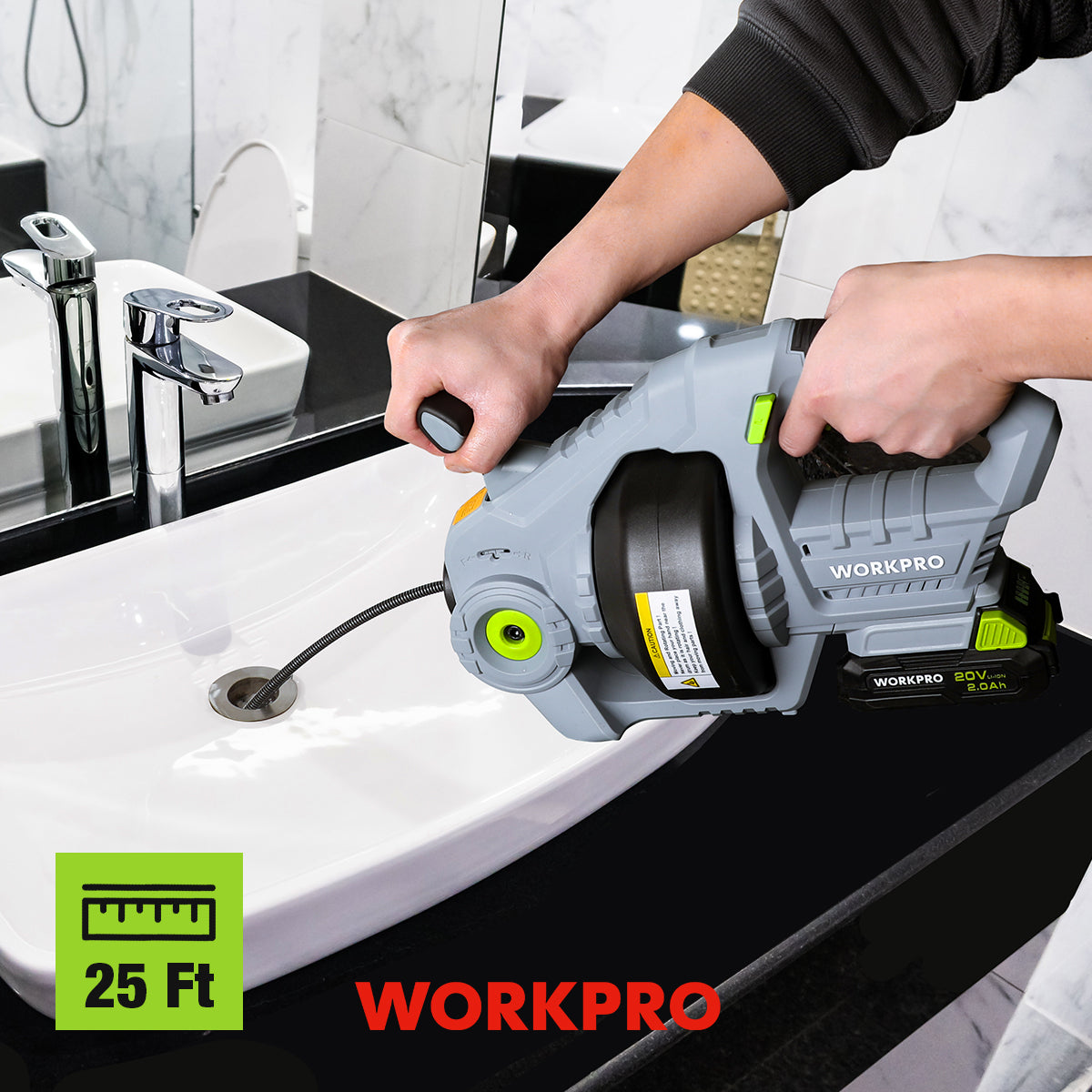 Electric drain auger being used at bathroom sink drain