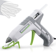 White WORKPRO full size hot glue gun with drip free brass nozzle, shown with white glue sticks on a stand