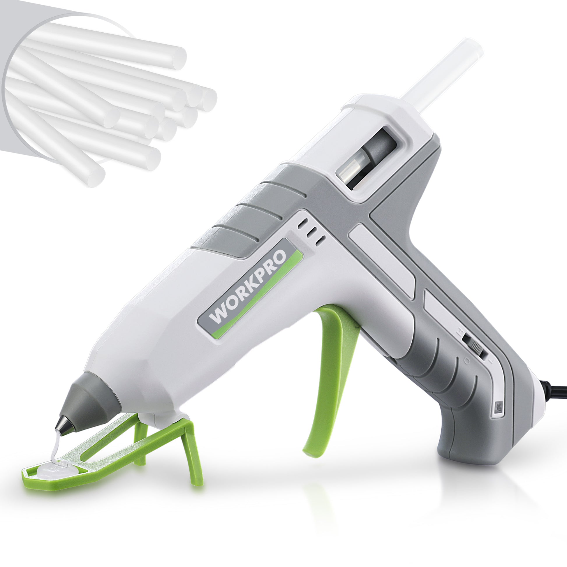 White WORKPRO full size hot glue gun with drip free brass nozzle, shown with white glue sticks on a stand