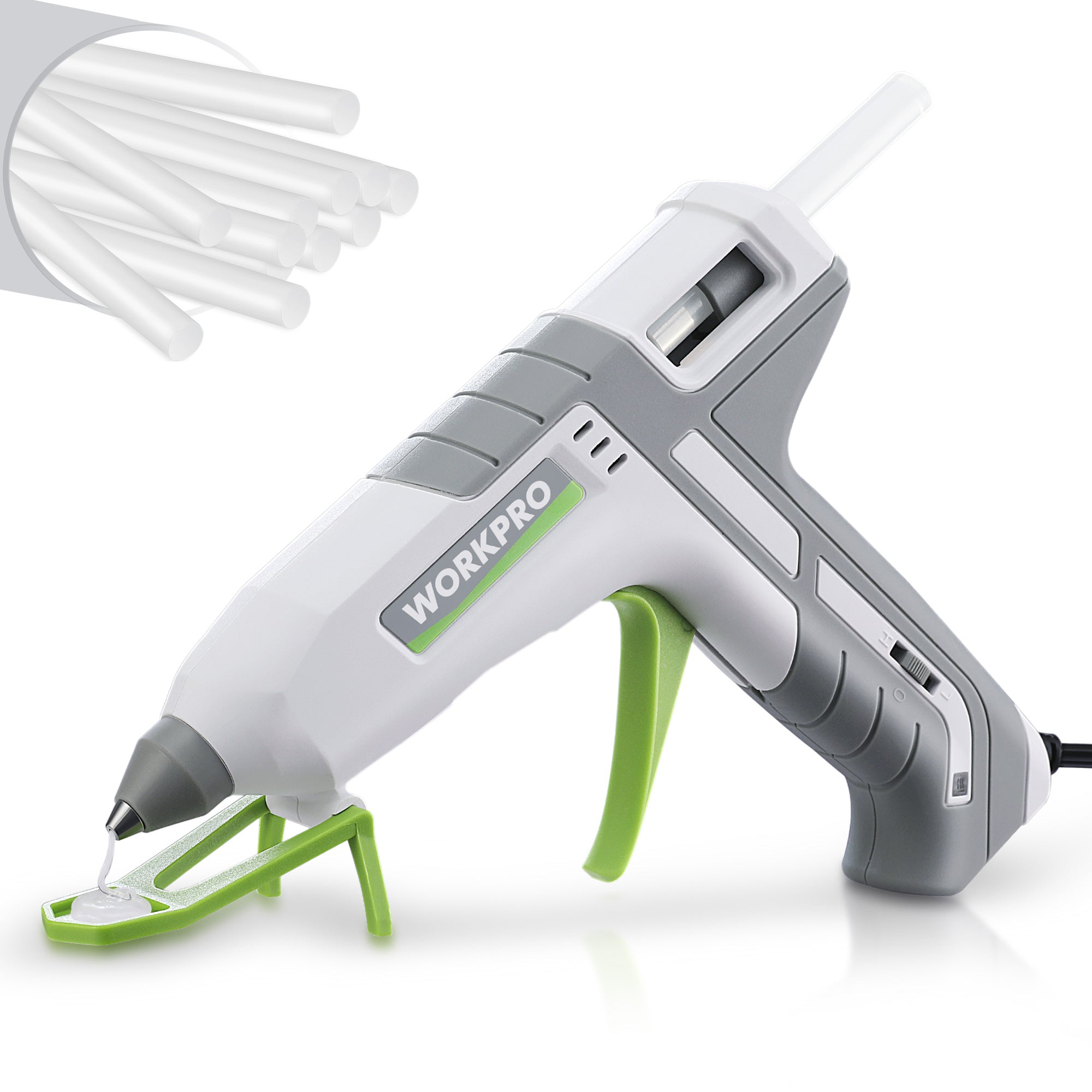 White WORKPRO full size hot glue gun with drip free brass nozzle, shown with white glue sticks on a stand