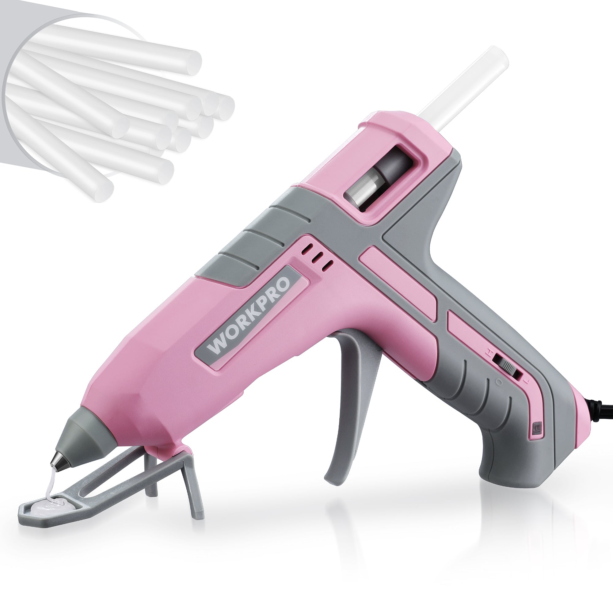 Full size hot glue gun in Pink and gray by WORKPRO with a drip free brass nozzle, shown with white glue sticks