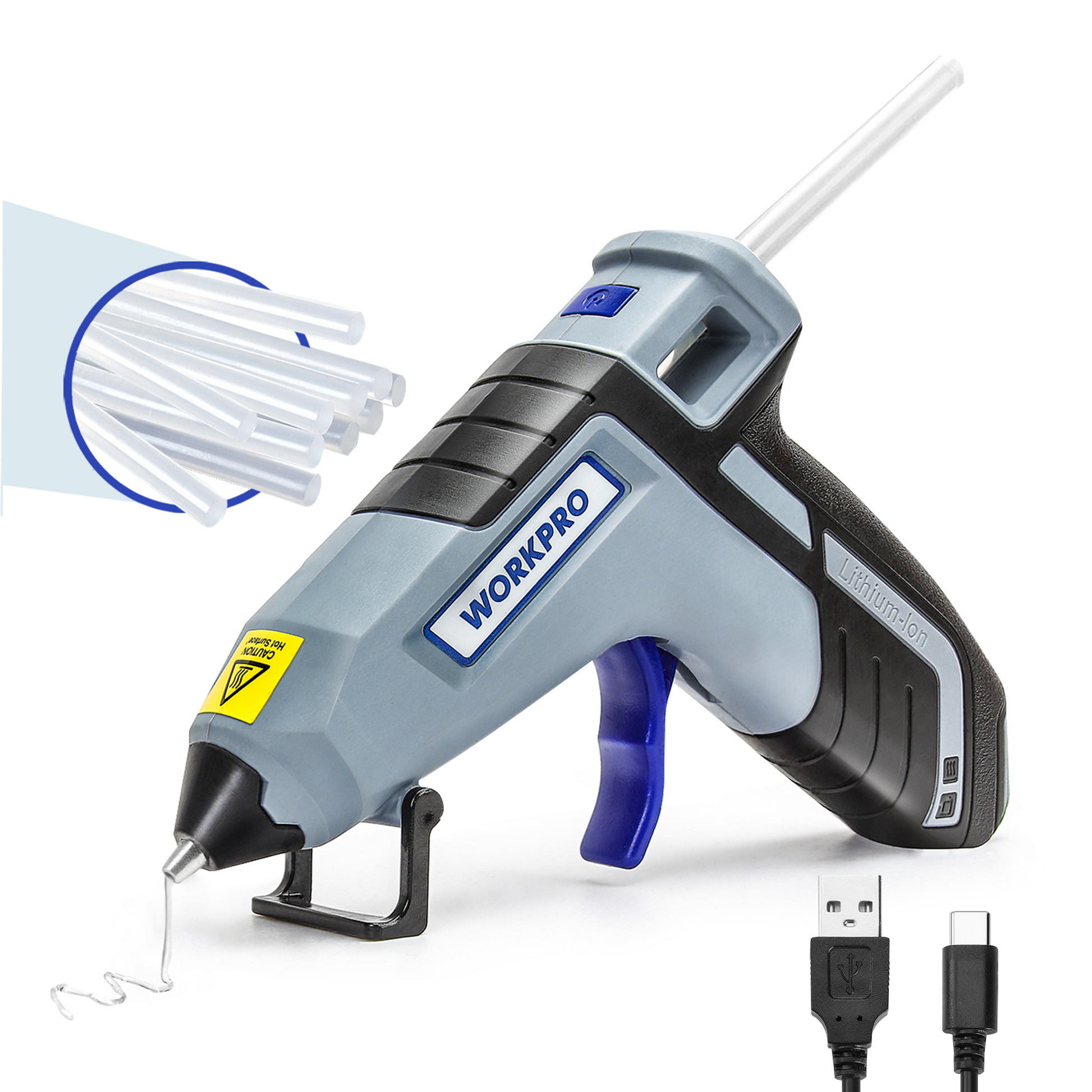 Cordless hot glue gun, gray and black, with clear mini glue sticks and charging cable