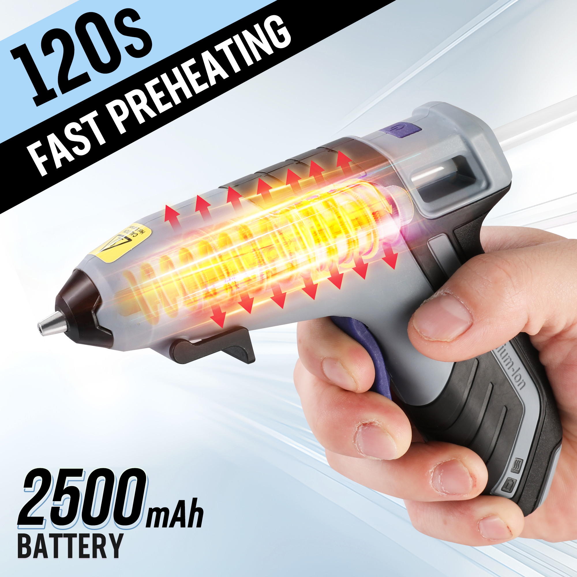 Cordless hot glue gun held in hand, gray and black body with translucent heated nozzle