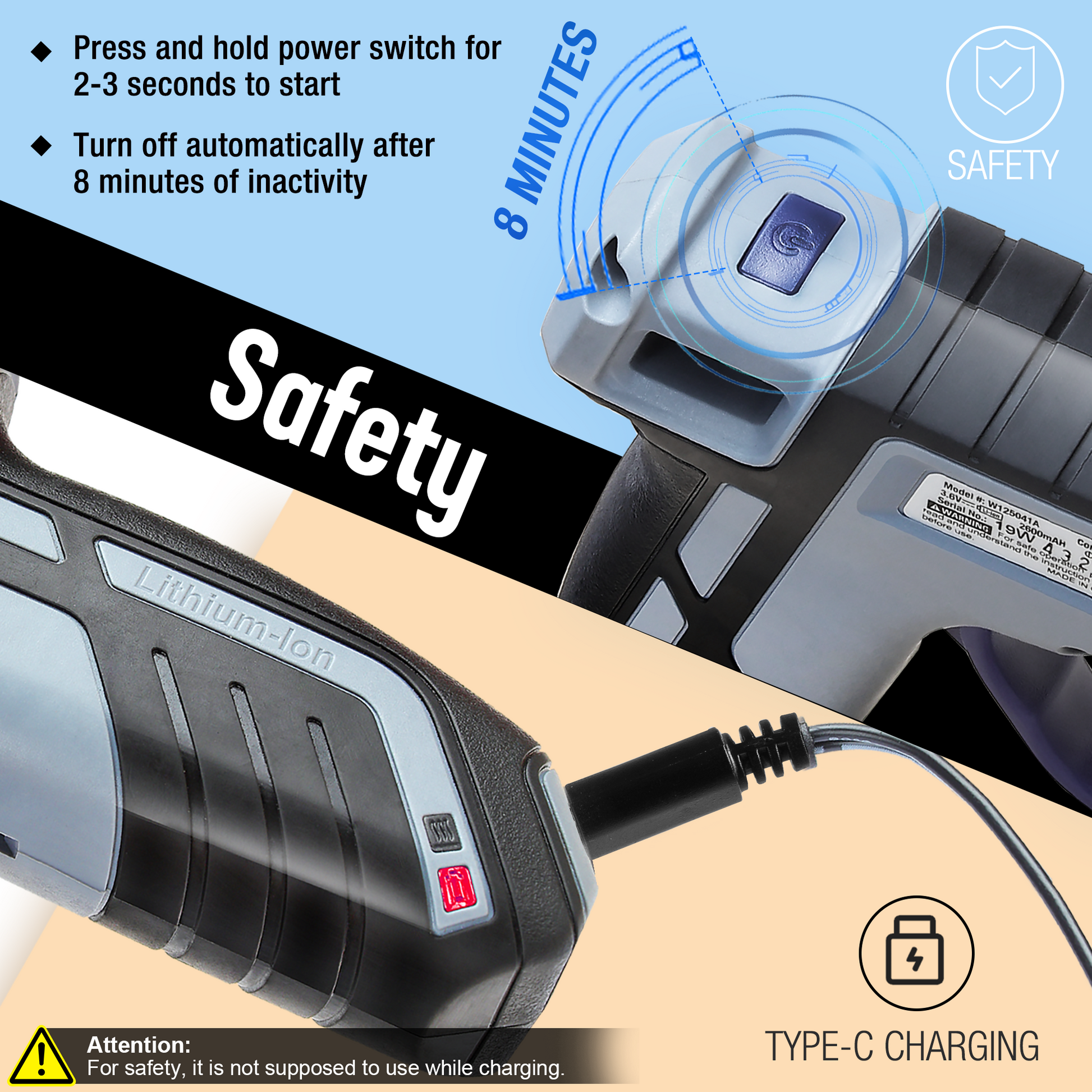 Cordless hot glue gun close-up with switch area and Type-C charging port, gray and black