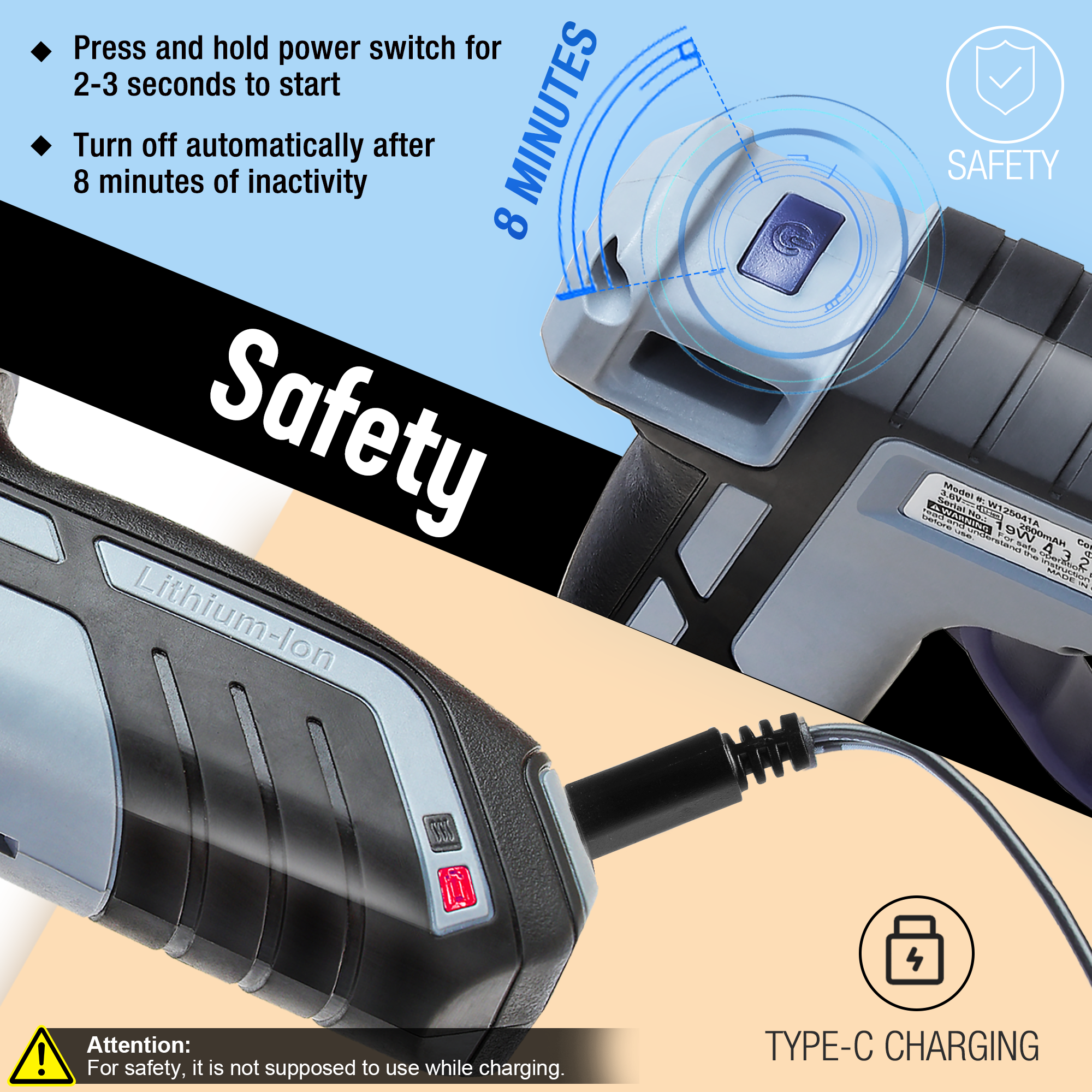 Cordless hot glue gun close-up with switch area and Type-C charging port, gray and black