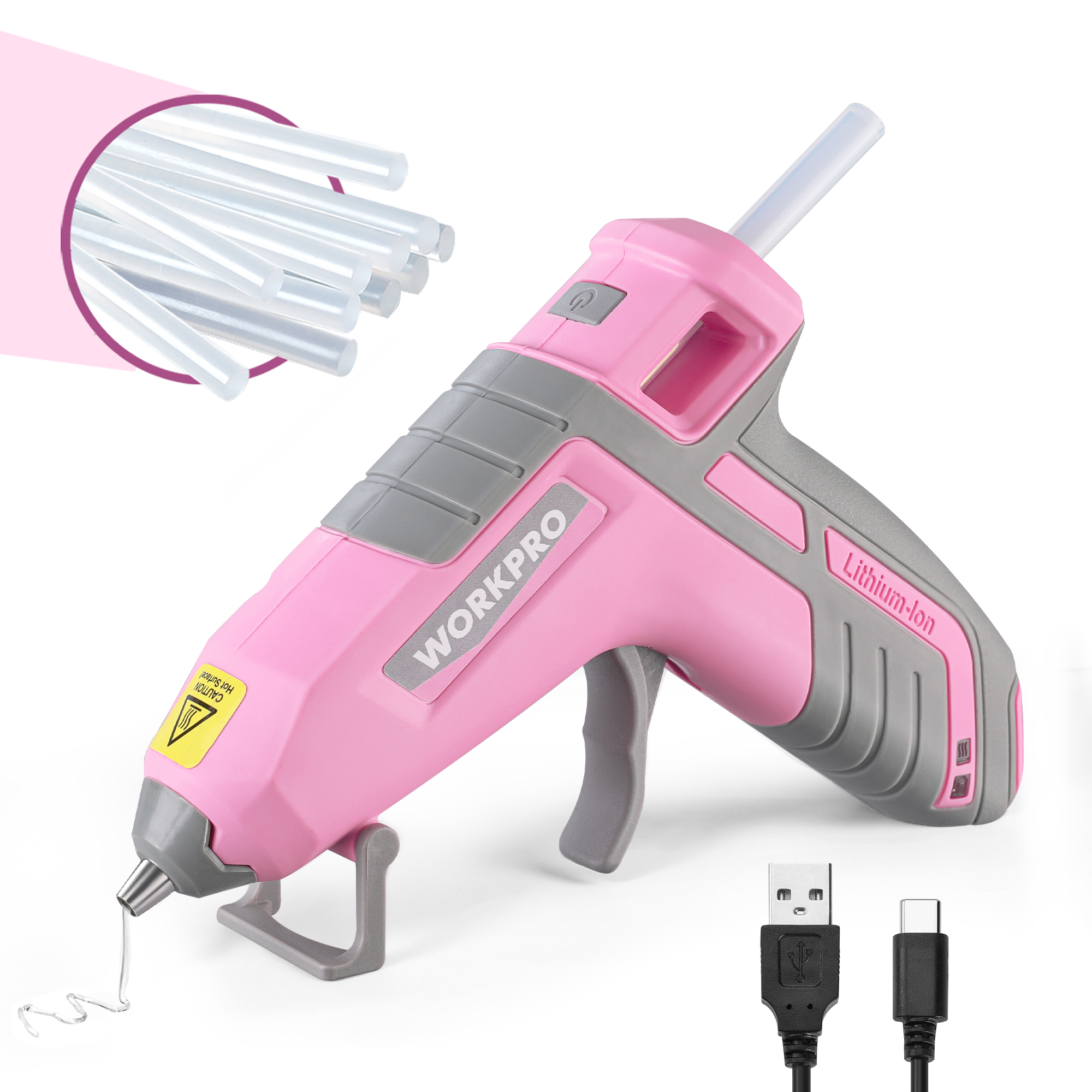 WORKPRO 3.6V Cordless Hot Glue Gun (Upgrade), with 20 Pcs Premium Mini Glue Sticks- Pink Ribbon
