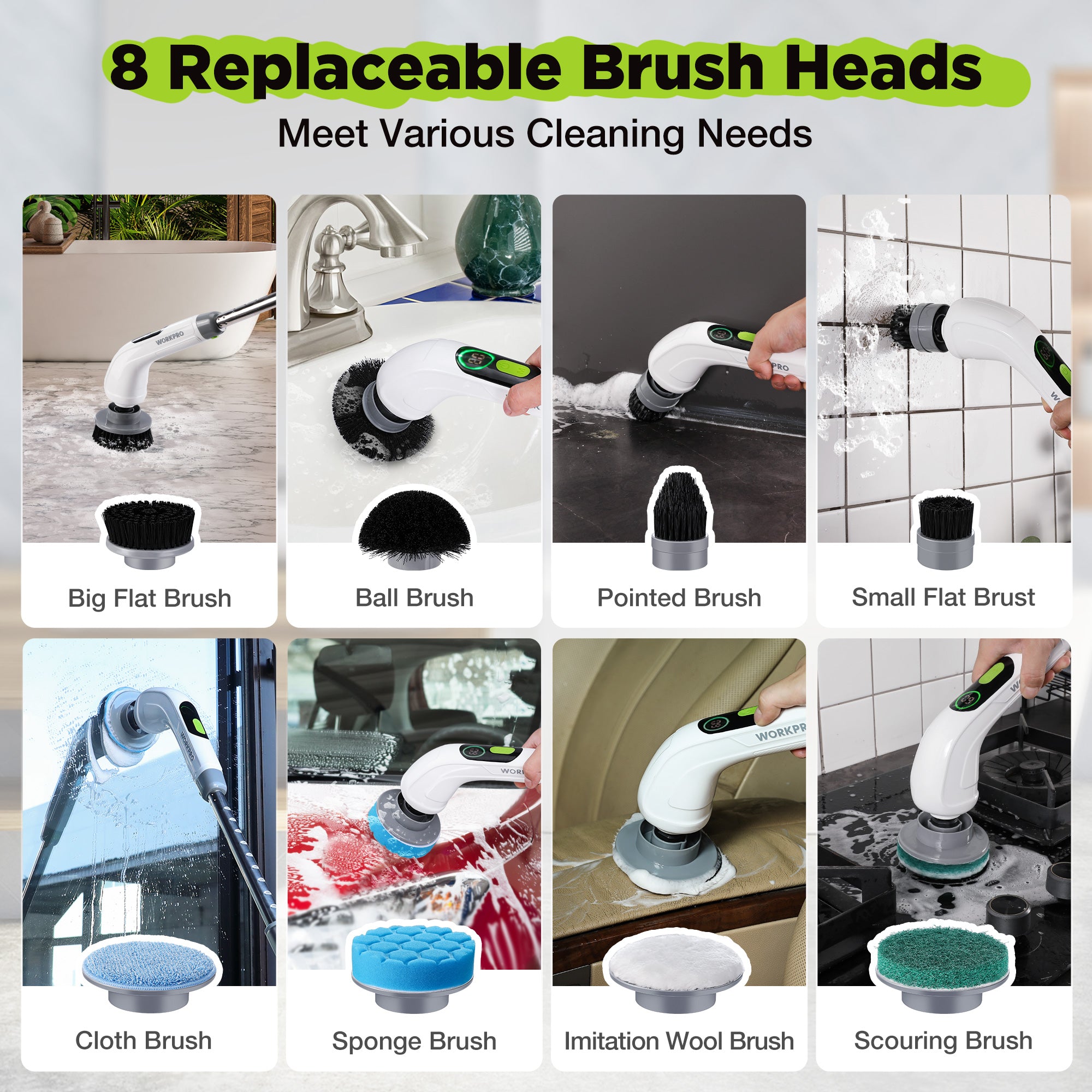 Cordless spin scrubber kit with 8 replaceable brush heads for different cleaning tasks