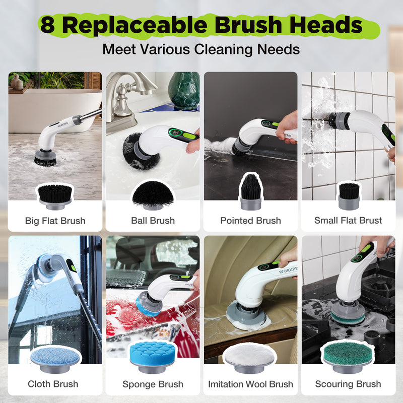 WORKPRO Cordless Electric Spin Scrubber with Long Adjustable Handle & 3-Speed, 8 Replaceable Brush Heads