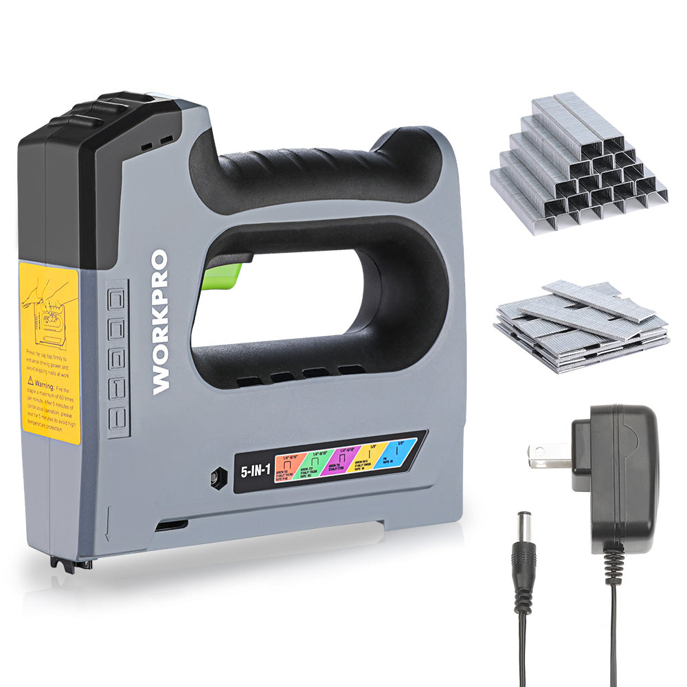 WORKPRO 5 in 1 cordless staple gun in gray and black with quick-release bottom loading magazine, innovation quality