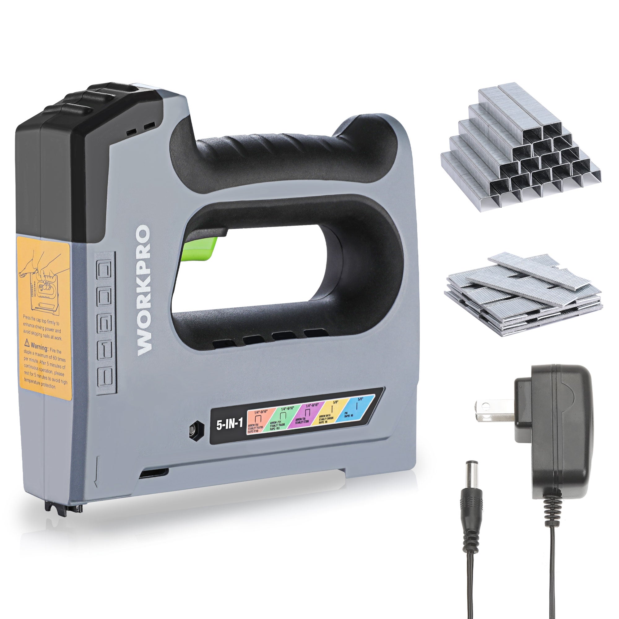 WORKPRO 5 in 1 cordless staple gun with innovation, quality, and secure durable convenience, in gray