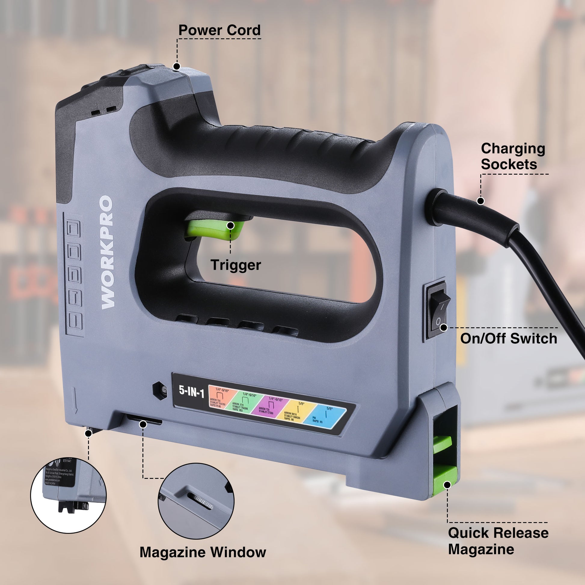 WORKPRO 5-in-1 corded staple gun with trigger handle and power cord