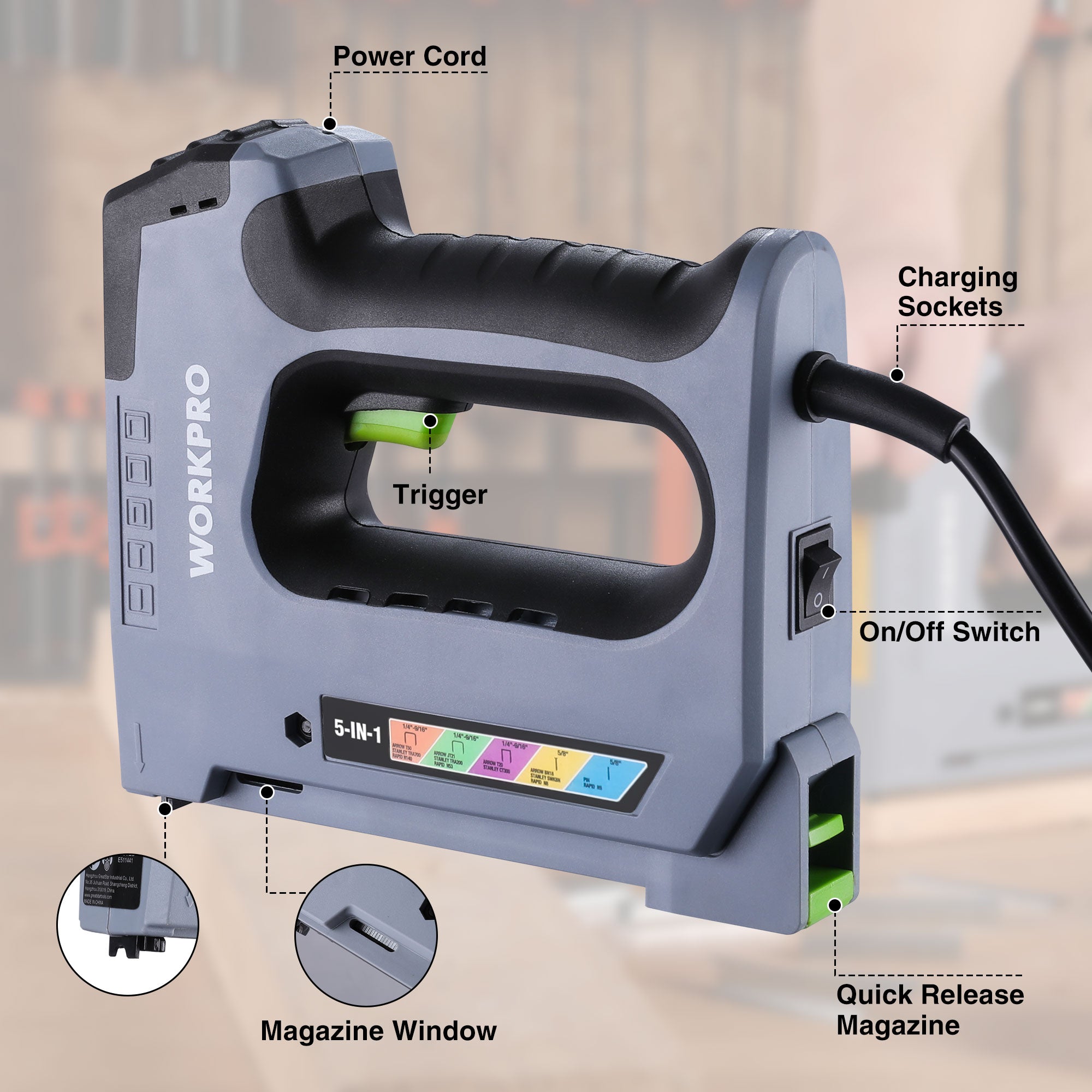 WORKPRO 5-in-1 corded staple gun with trigger handle and power cord