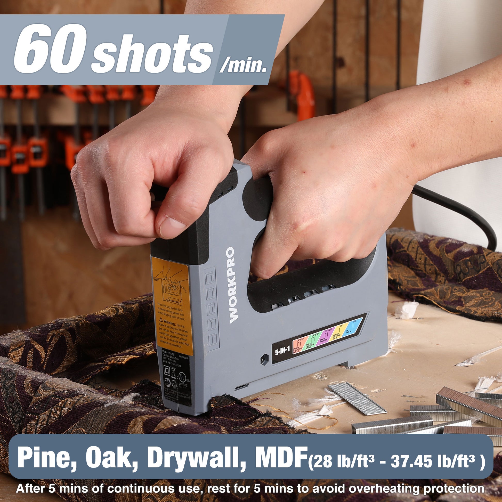 WORKPRO 5-in-1 corded staple gun with green magazine indicator window