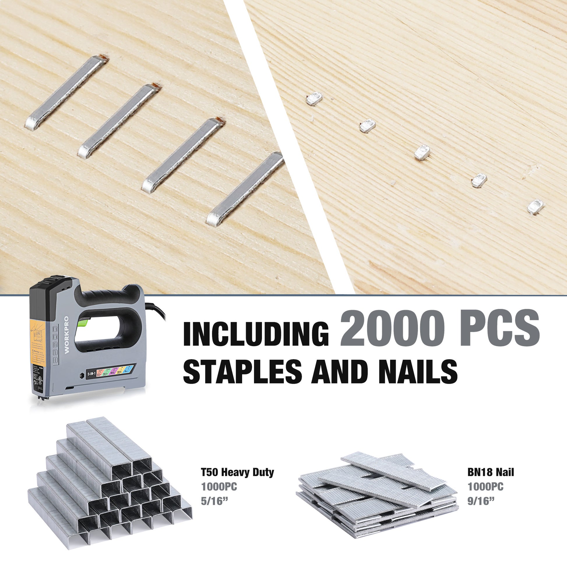 WORKPRO 5-in-1 corded brad nailer kit with 2000 staples and nails
