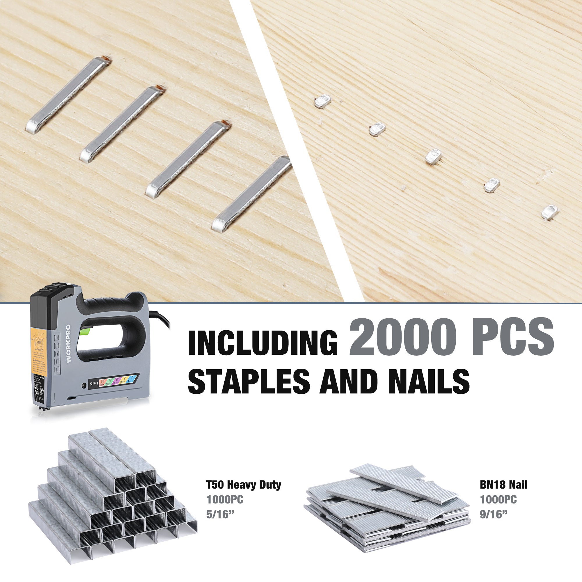WORKPRO 5-in-1 corded brad nailer kit with 2000 staples and nails