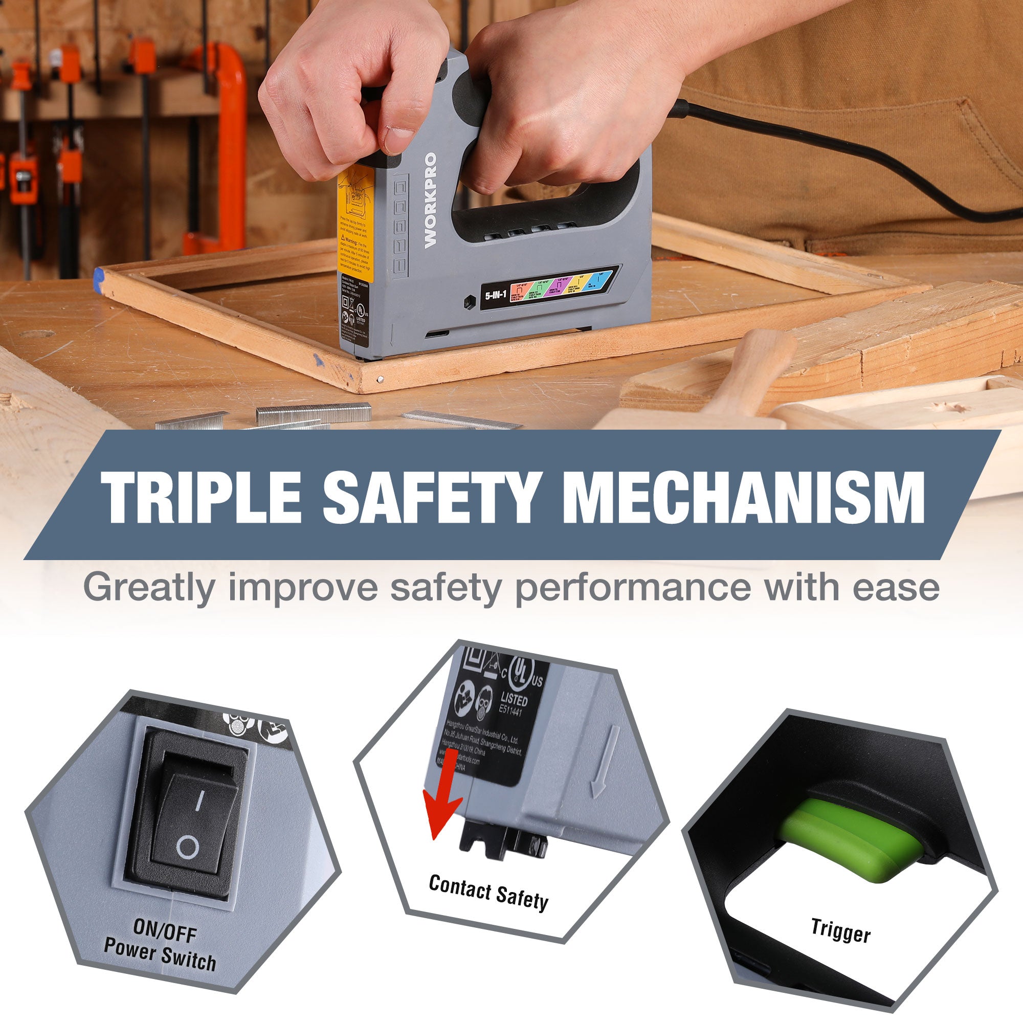 WORKPRO 5-in-1 corded staple gun with on/off switch and contact safety