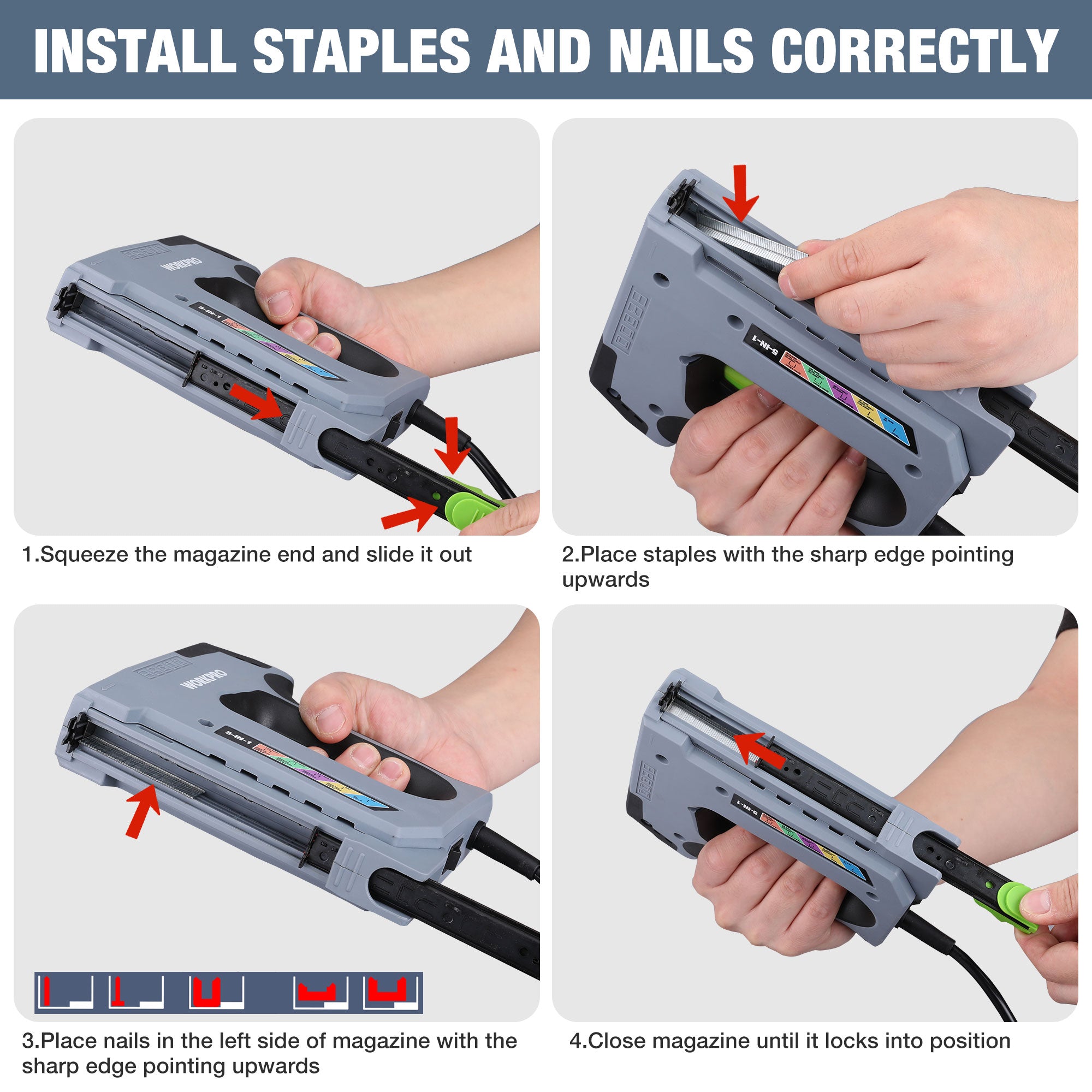 WORKPRO 5-in-1 corded staple gun showing magazine loading steps